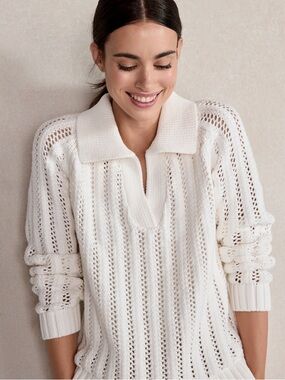 Haven Well Within Winter White Open Knit Collared V Neck Sweater